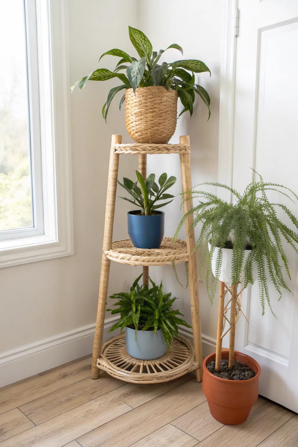 Turn a dead corner into a lush tiered plant corner—layer heights for small-space impact.