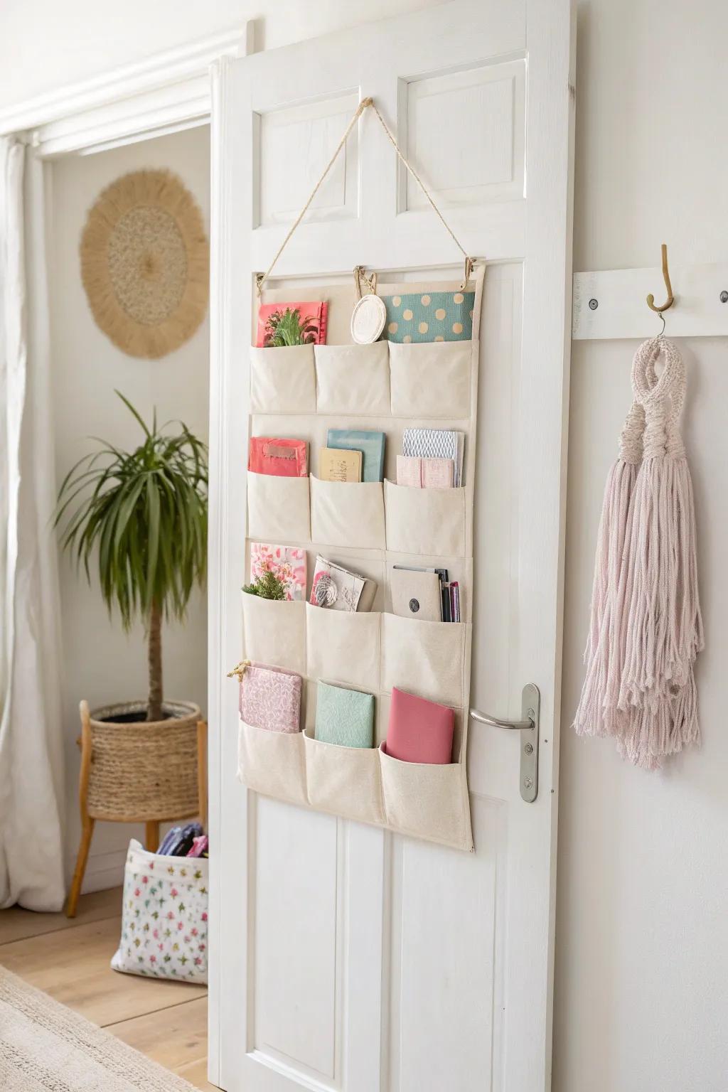 Over-the-door pockets keep gift bags, tissue, and tags sorted—pretty, visible, and clutter-free.