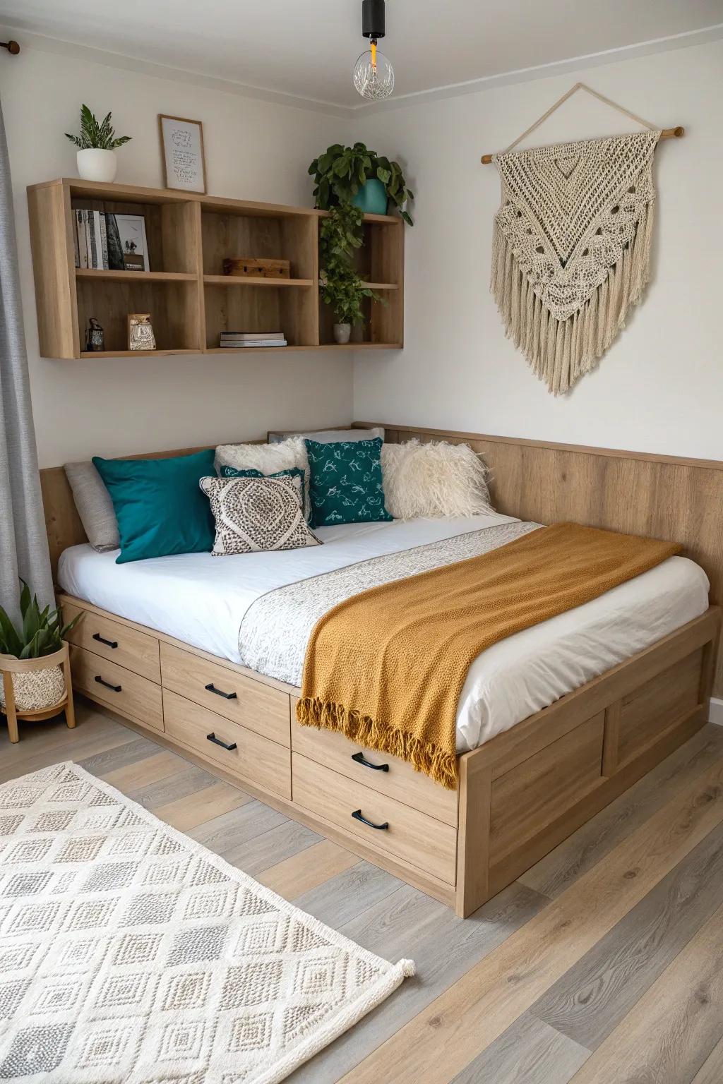 L-shaped corner beds create a cozy sleepover vibe in a shared girls’ room—while saving floor space.
