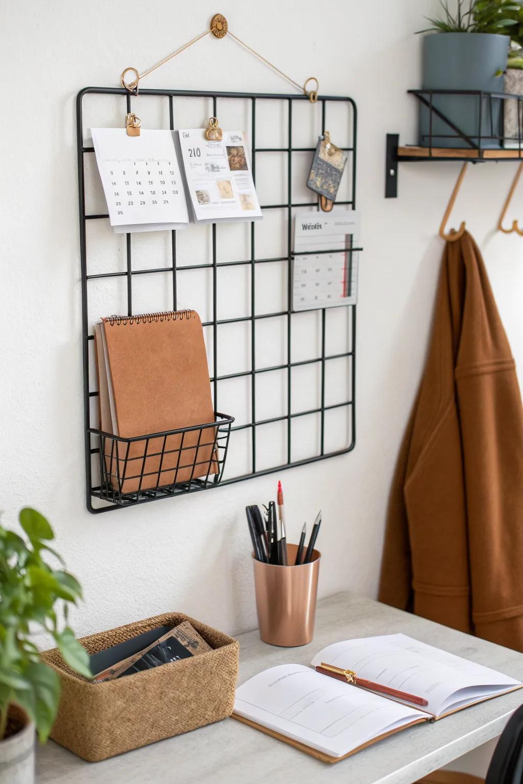 Tiny desk? A grid wall keeps files, pens & your calendar up—stylish vertical storage.