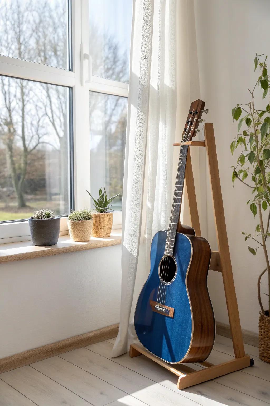 Turn an unused corner into a chic music nook with a sleek stand and bold color pop.