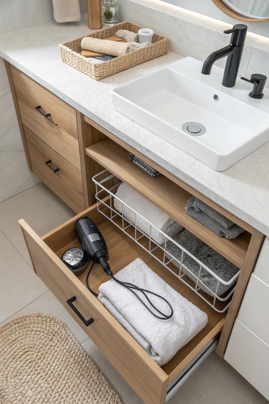 A pull-out under-sink bin keeps your hair dryer and attachments tidy—even around plumbing.