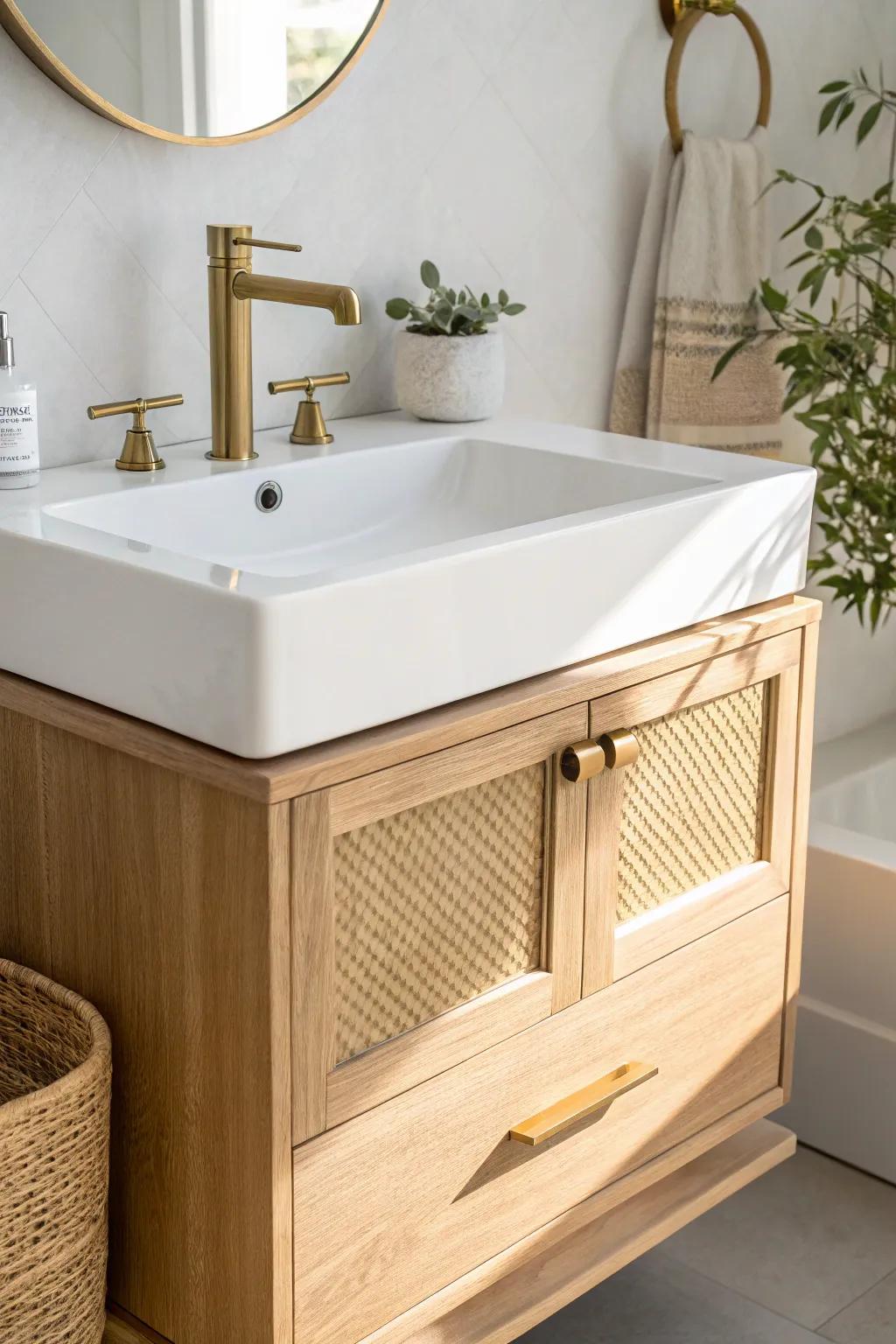 Light wood + white half-bath vanity that reflects light and makes tiny spaces feel airy.