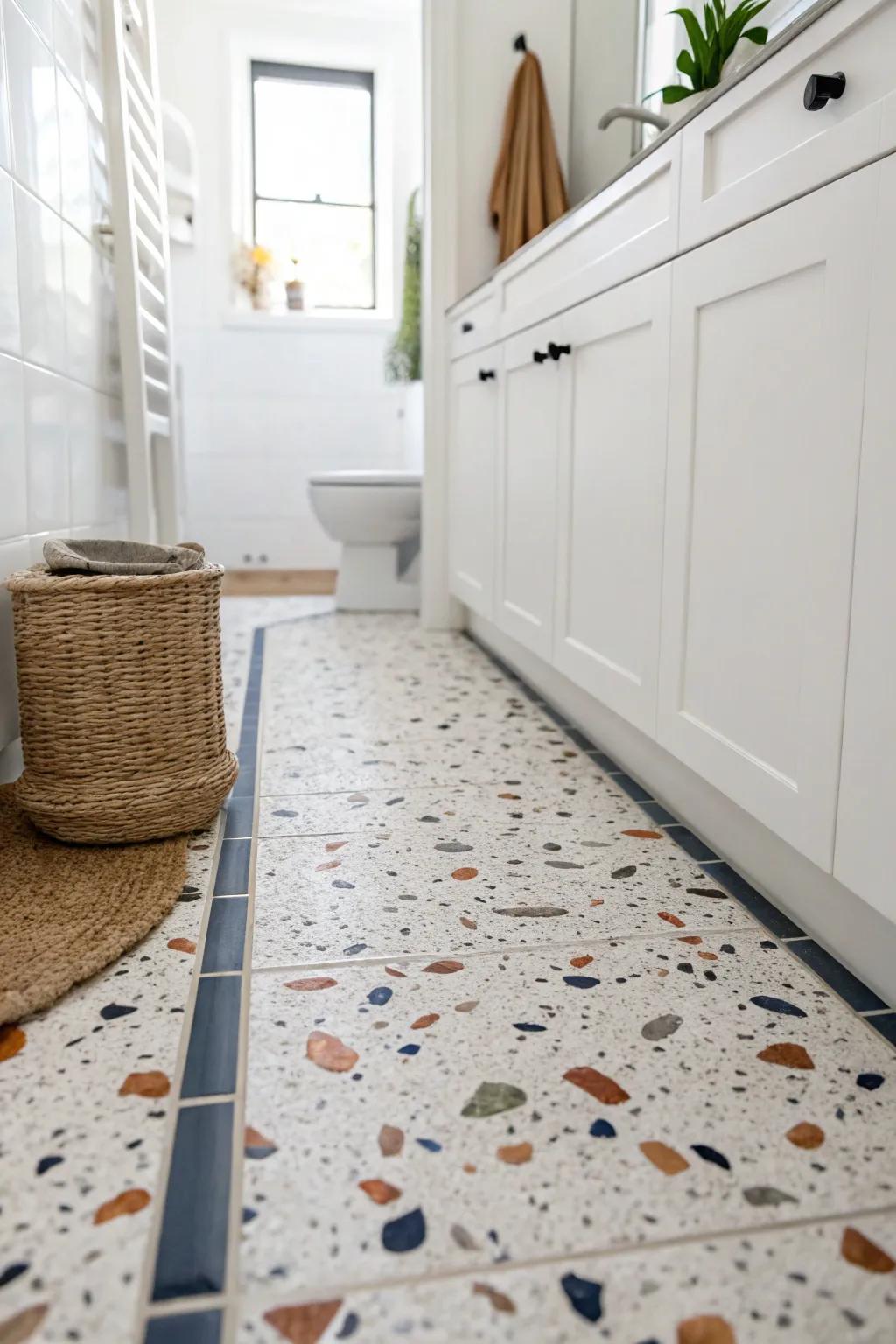Large-format floor tile minimizes grout lines—making a small half bath feel instantly more spacious.