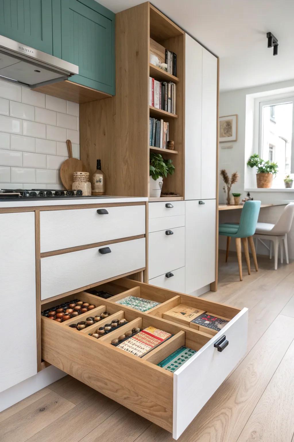 Half-wall hidden drawers keep the kitchen–living divide sleek, calm, and clutter-free.