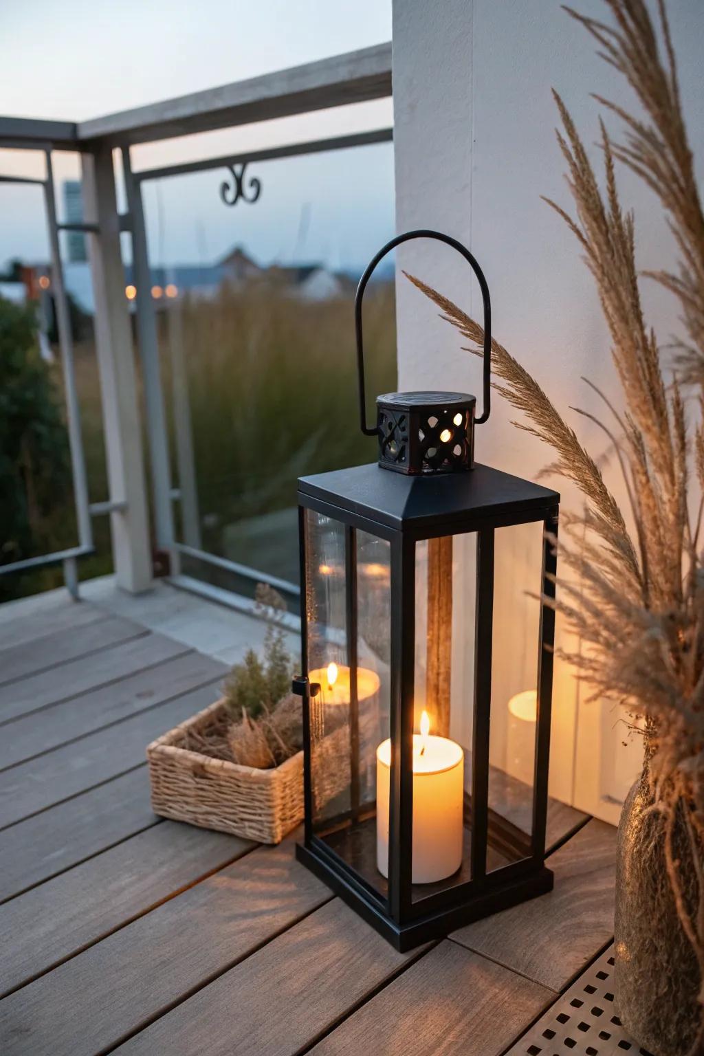 A warm lantern glow along the balcony floor line—cozy Halloween light without crowding.