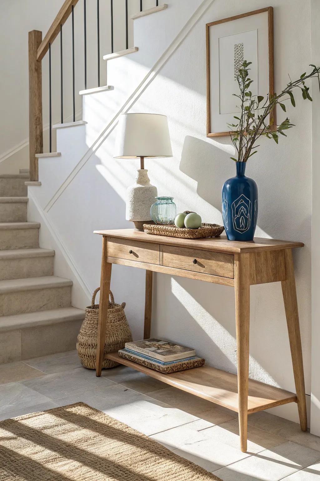 Slim console styling: lamp + tray + one bold vase for a tidy, stair-ready hallway.
