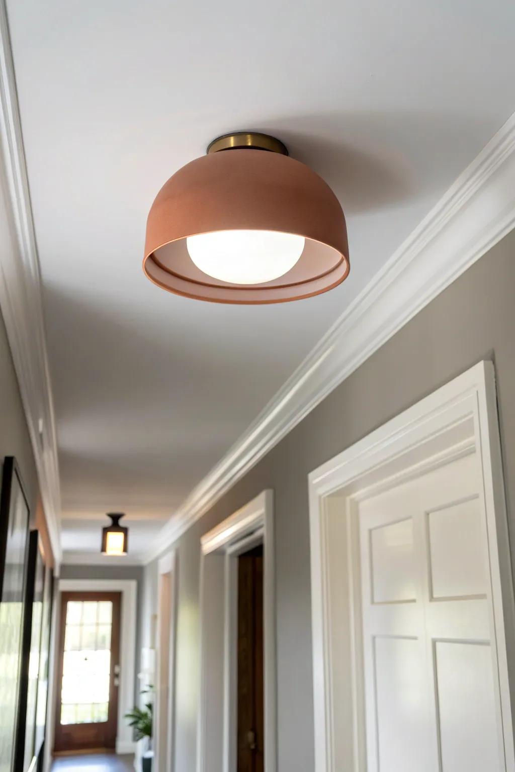 A sleek flush-mount ceiling light keeps low hallways airy, safe, and effortlessly chic.