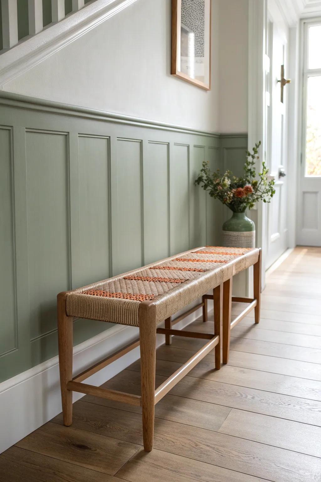 Sage green reads like a cozy neutral—bright white trim keeps even a narrow hallway feeling light.