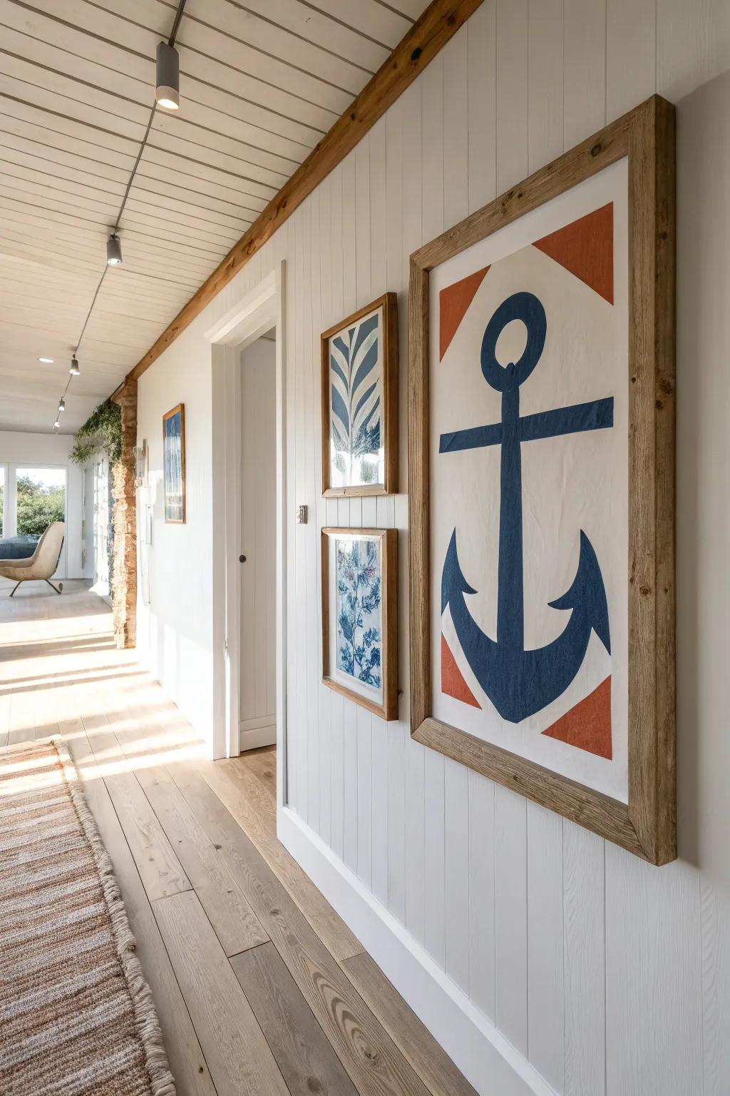 Start your hallway gallery wall with one oversized anchor frame—everything else falls into place.