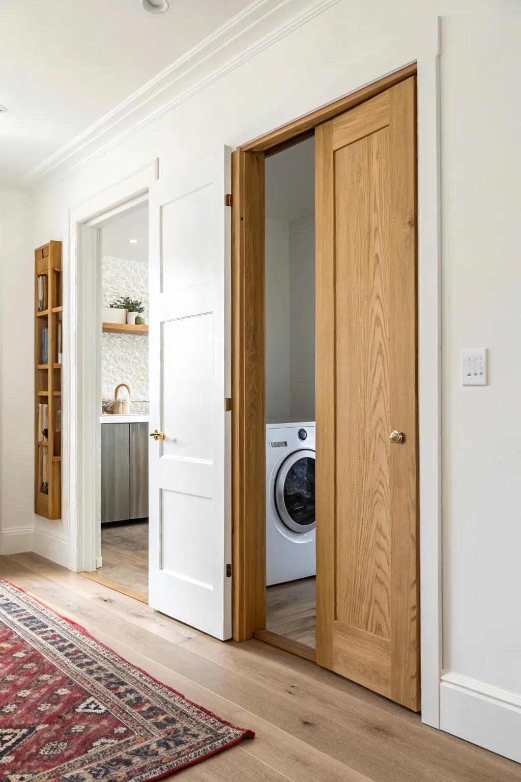 A sleek pocket door keeps the hallway clear—laundry storage disappears in seconds.