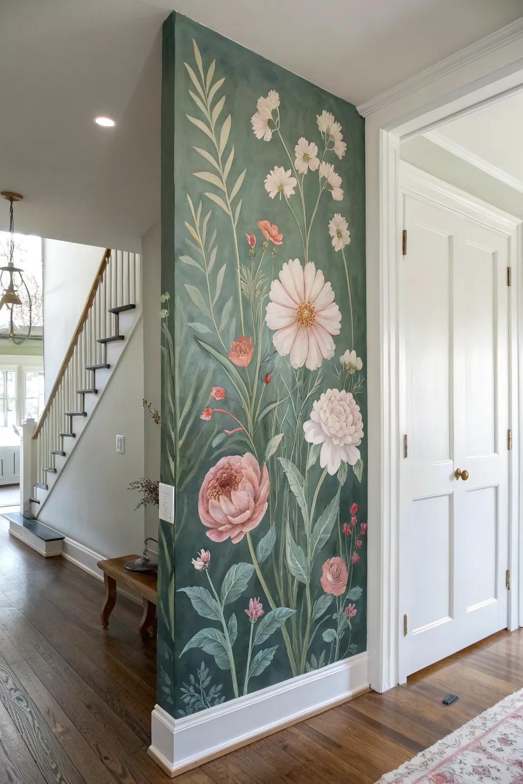 Blush-and-cream floral mural turns a small hallway into a soft garden glow, even under harsh light.