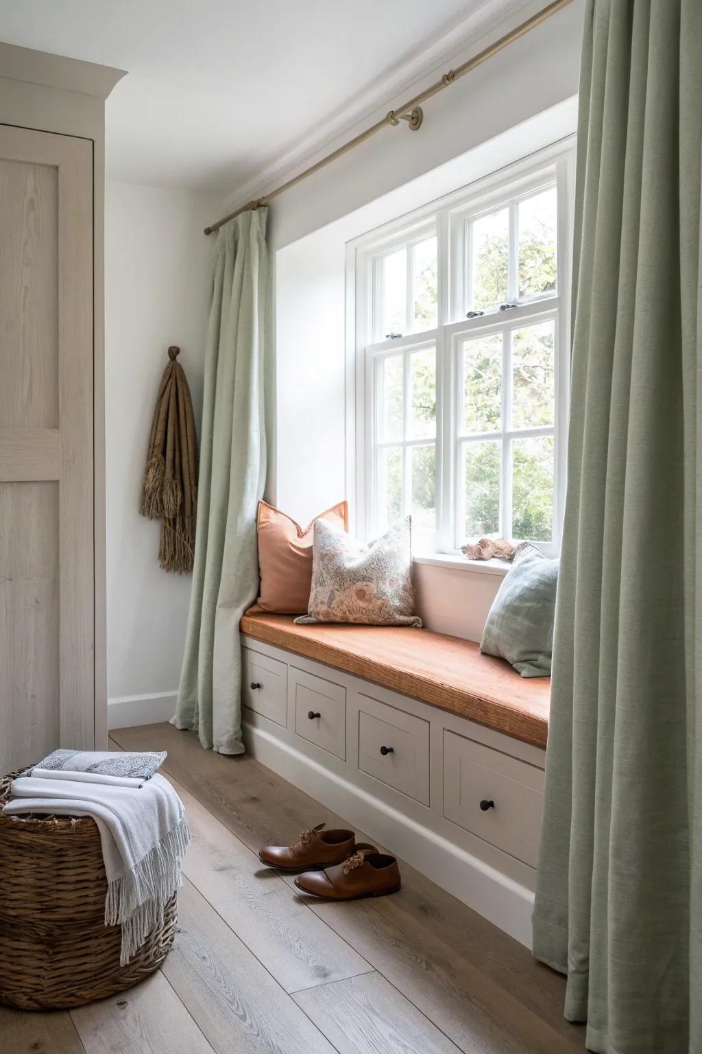 Turn the hallway’s end window into a cozy seat with hidden drawers for seasonal storage.