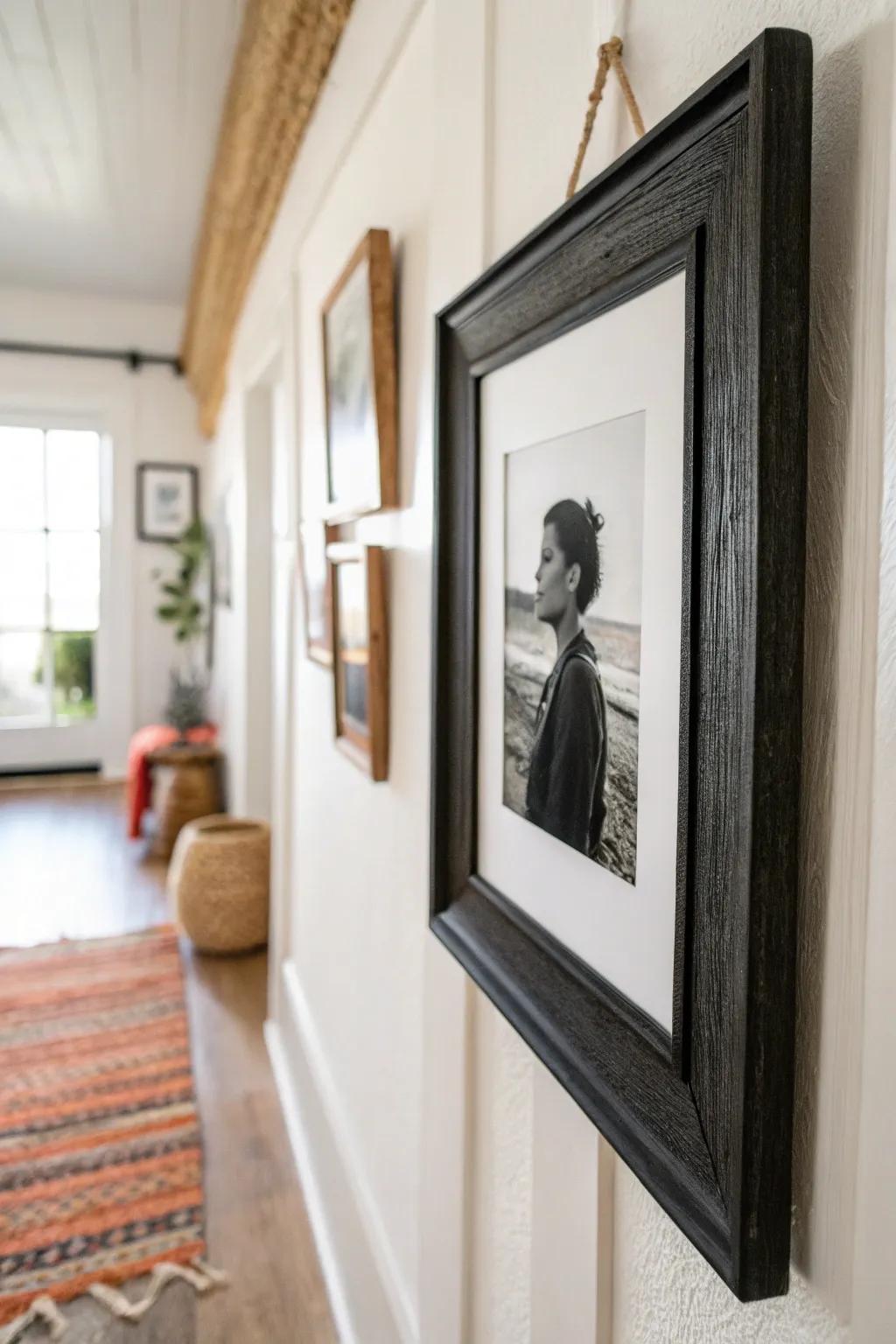 One black frame + one monochrome photo = an instantly cohesive hallway gallery look.