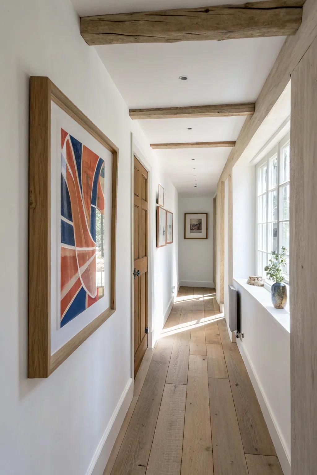 Keep tight hallways airy: one oversized frame at eye level makes a clean, chic statement.