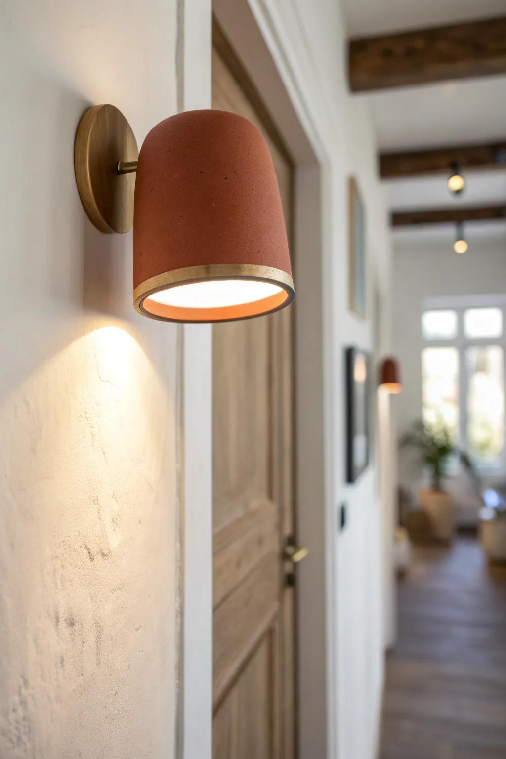 Low-profile sconces for skinny hallways—warm glow, bold color, zero shoulder-snags.