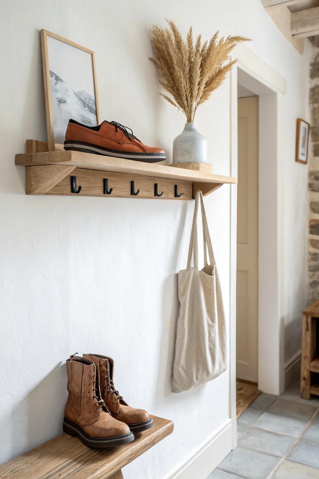 Layered drop-zone: sleek hooks above and a floating shoe shelf below for tidy small halls.