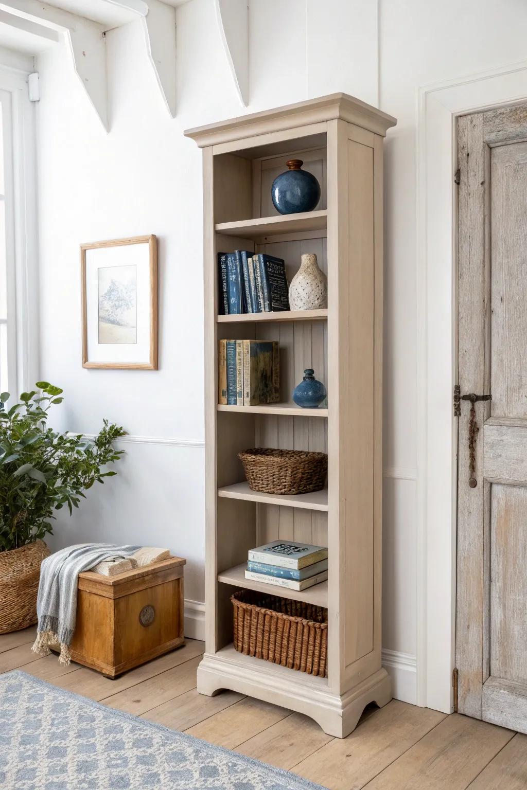 Warm greige hand-painted bookcase: cozy, scuff-friendly style that brightens the tiniest nook.