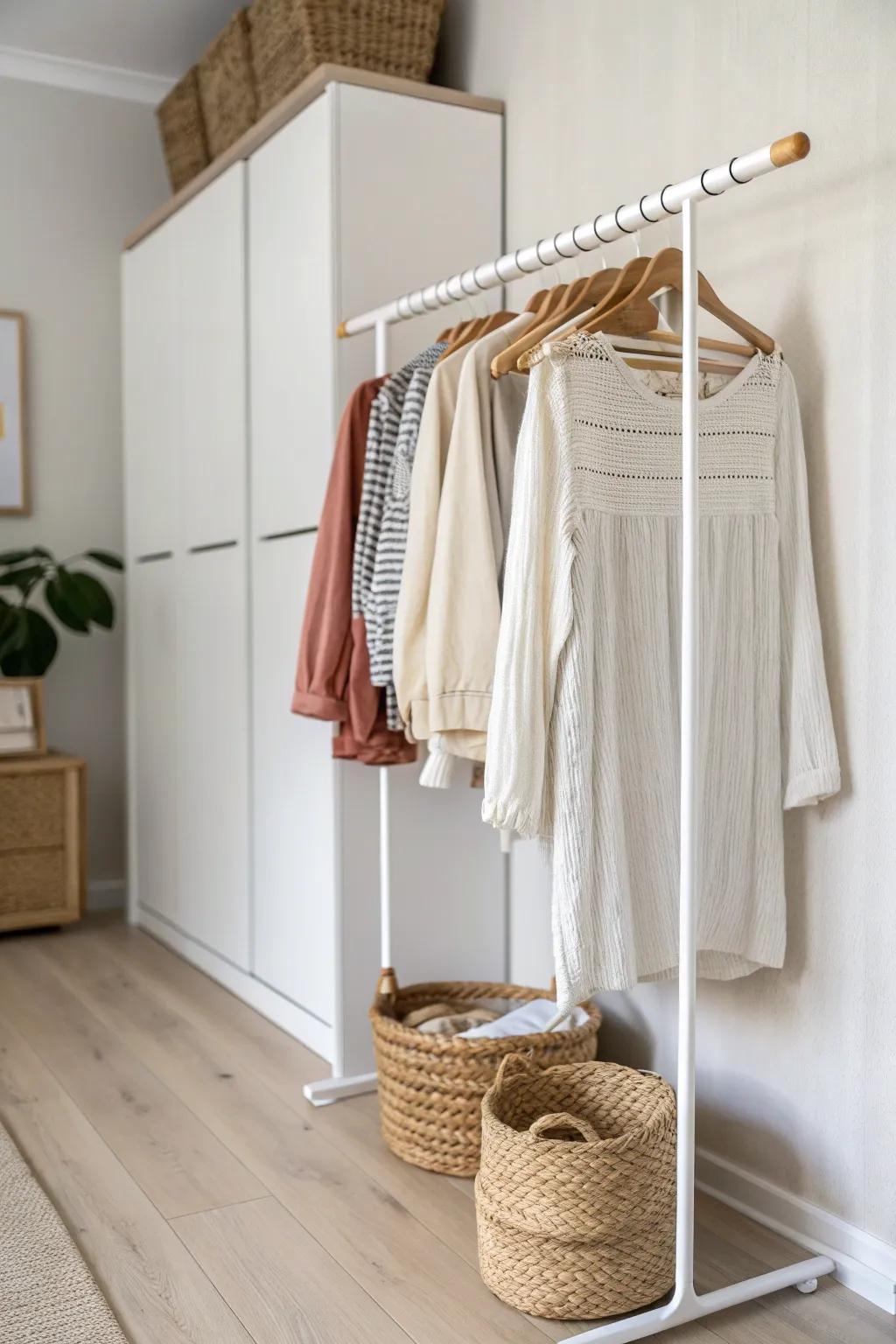 Add a low tension rod to stash hangers neatly—smooth to grab and saves prime closet space.