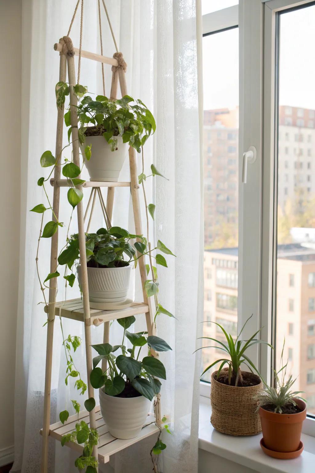 Tiered hanging planters that drape like a green curtain—privacy without blocking the light.