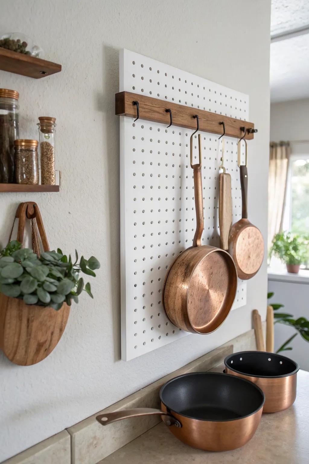 Turn a blank wall into art: a pegboard pot rack that keeps cookware airy and within reach.