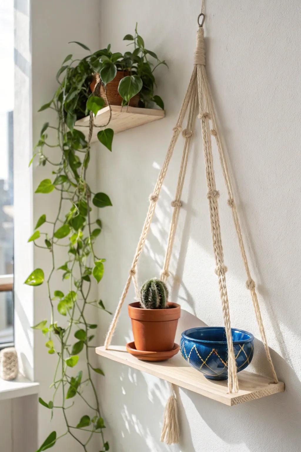 Turn dead corners into art with a minimalist hanging shelf—plants + pretty storage, no clutter.