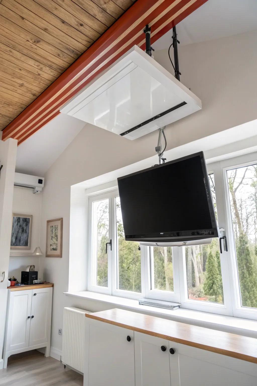Decor-first small space: a flip-down ceiling TV mount that disappears into a calm ceiling line.