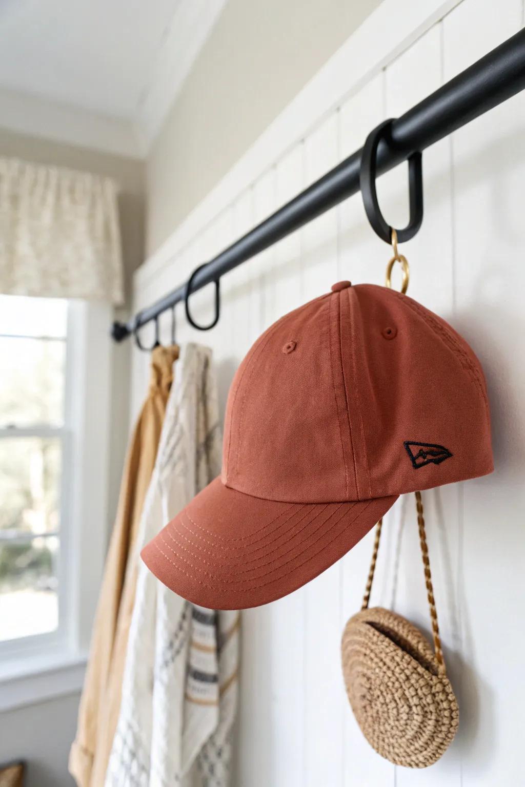 No-drill hat storage: a brass S-hook on the closet rod keeps a baseball cap perfectly shaped.