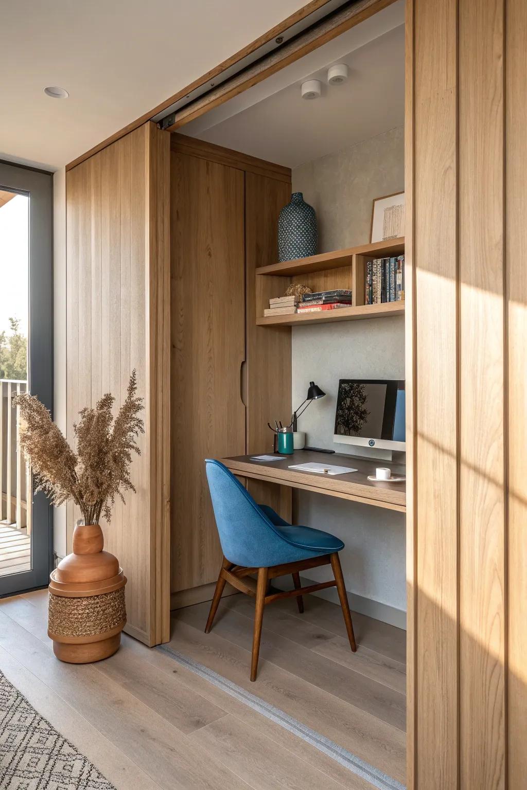 A built-in desk disappears behind sliding panels—clean, calm, and perfect for small spaces.