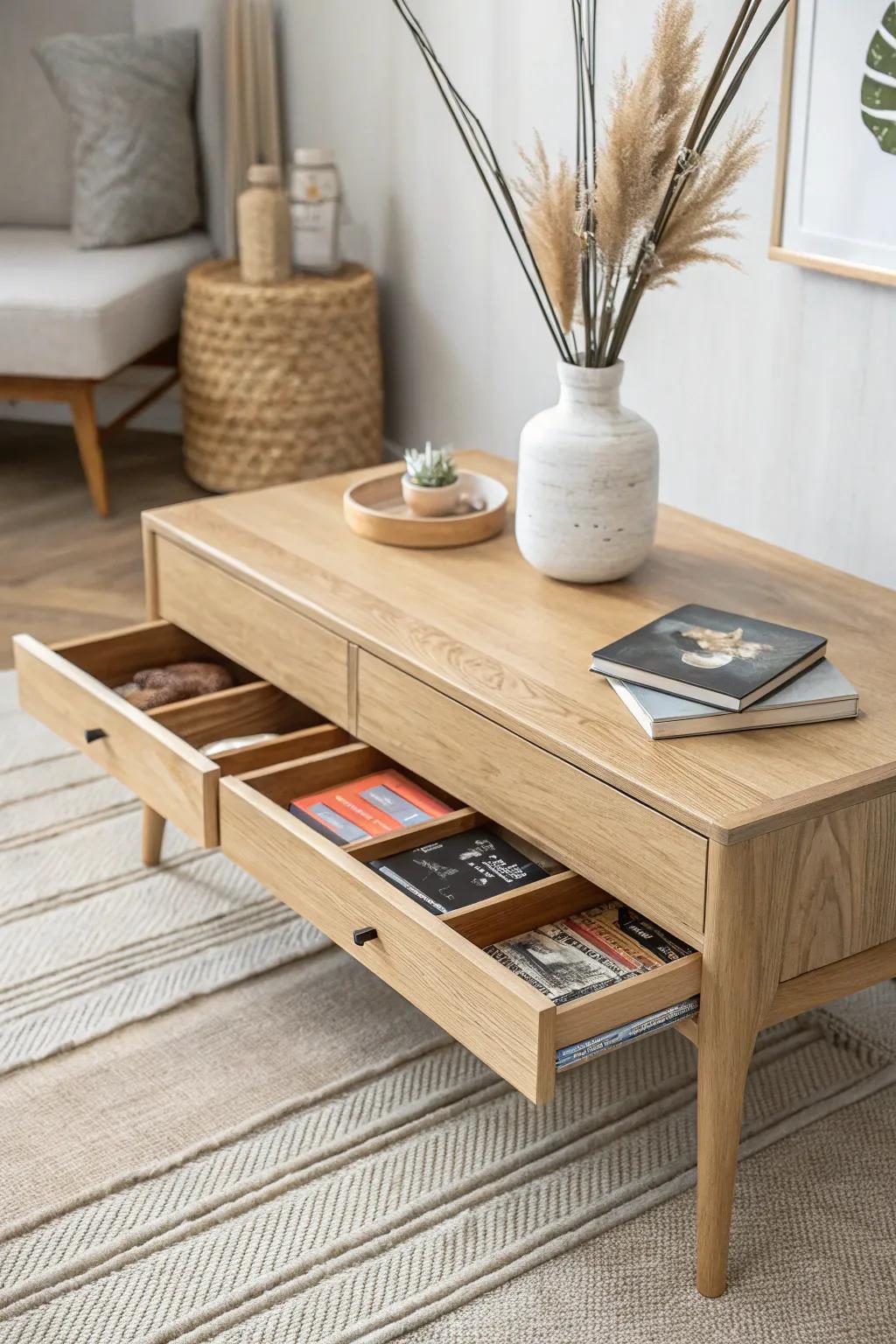 Sleek coffee table drawers hide your DVD stash—organized dividers keep every case in place.