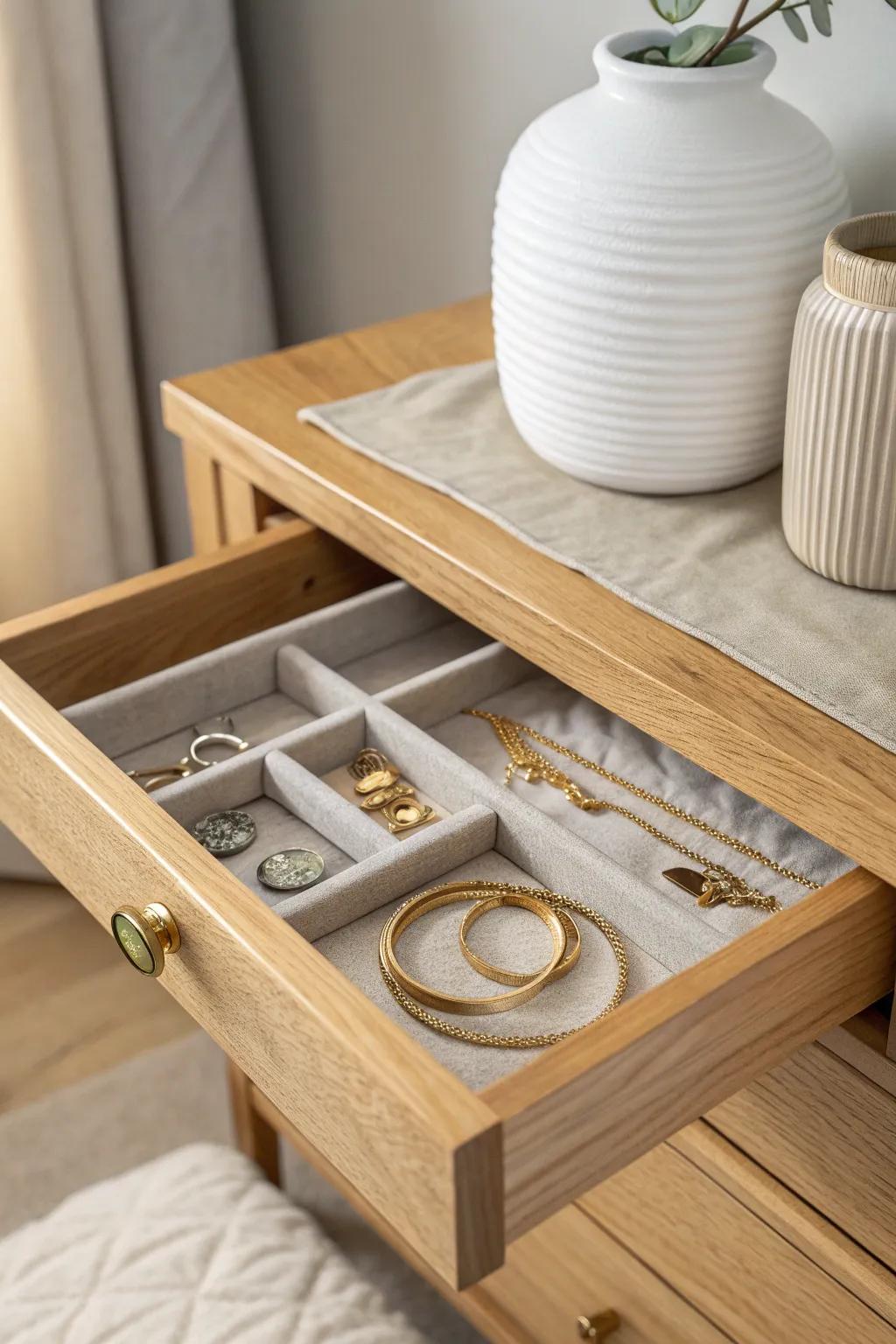 A secret nightstand drawer jewelry zone—studs and backs perfectly sorted, always within reach.