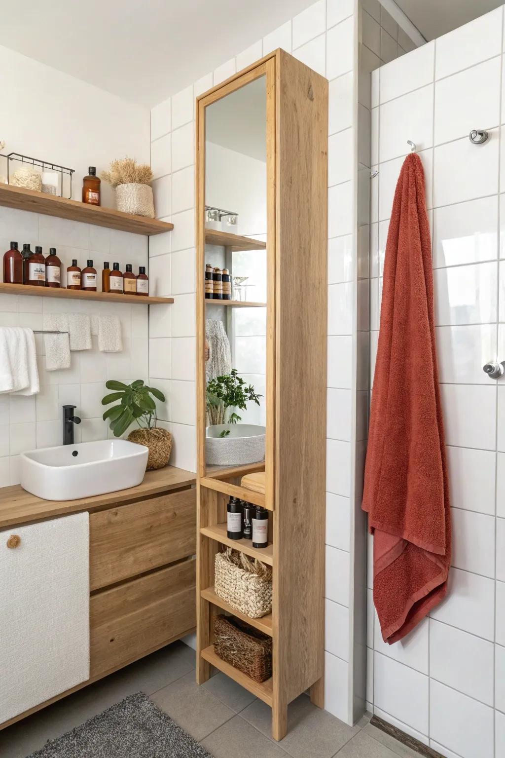 A sliding mirror hides sleek shelves—perfect for narrow bathrooms with zero door clearance.