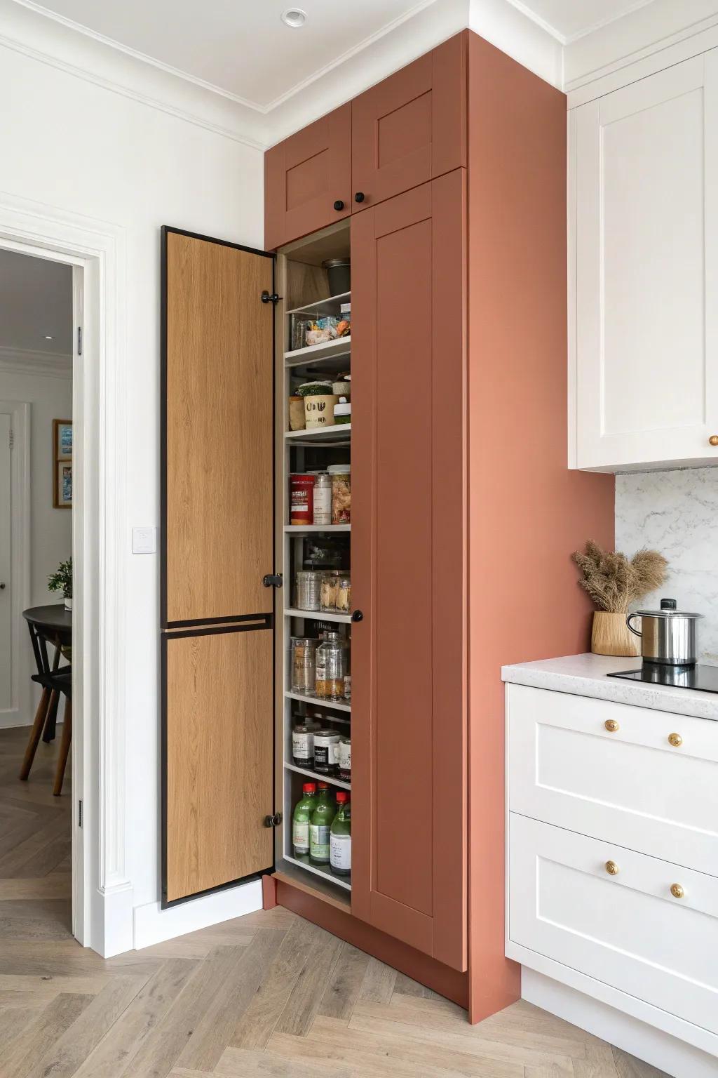 Hide a pantry in plain sight—extend cabinetry through the corner for a secret storage doorway.