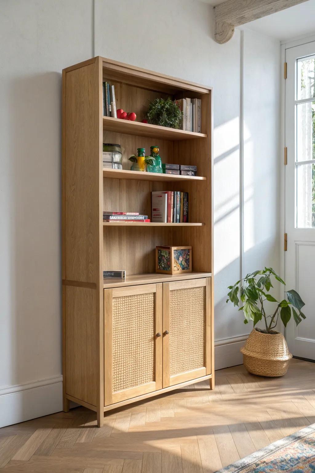 Lower bookcase cabinets hide toy overflow—clean shelves above, colorful clutter tucked away.