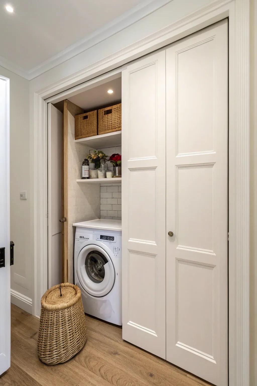 Bifold doors hide the furnace neatly—perfect for tight laundry nooks without stealing space.