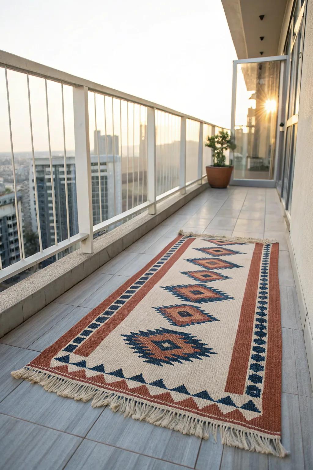 One oversized outdoor rug instantly anchors your high-rise balcony and makes it feel intentional.