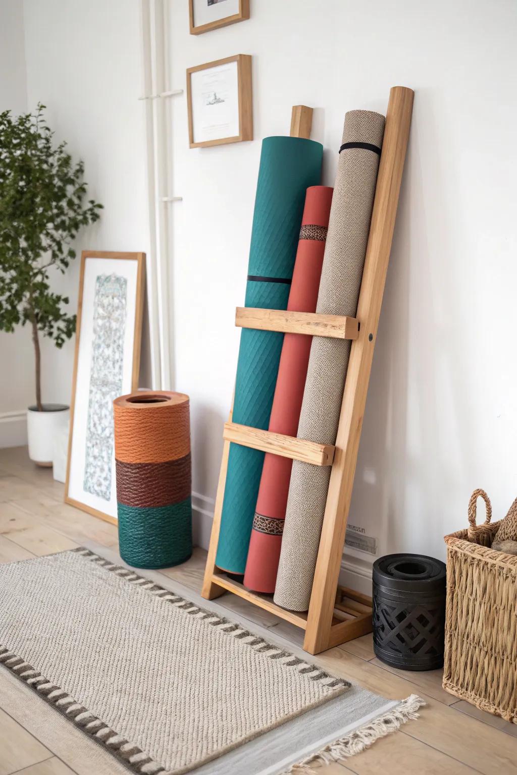Vertical holder keeps yoga mats and foam rollers tidy—big style win for small home gyms.