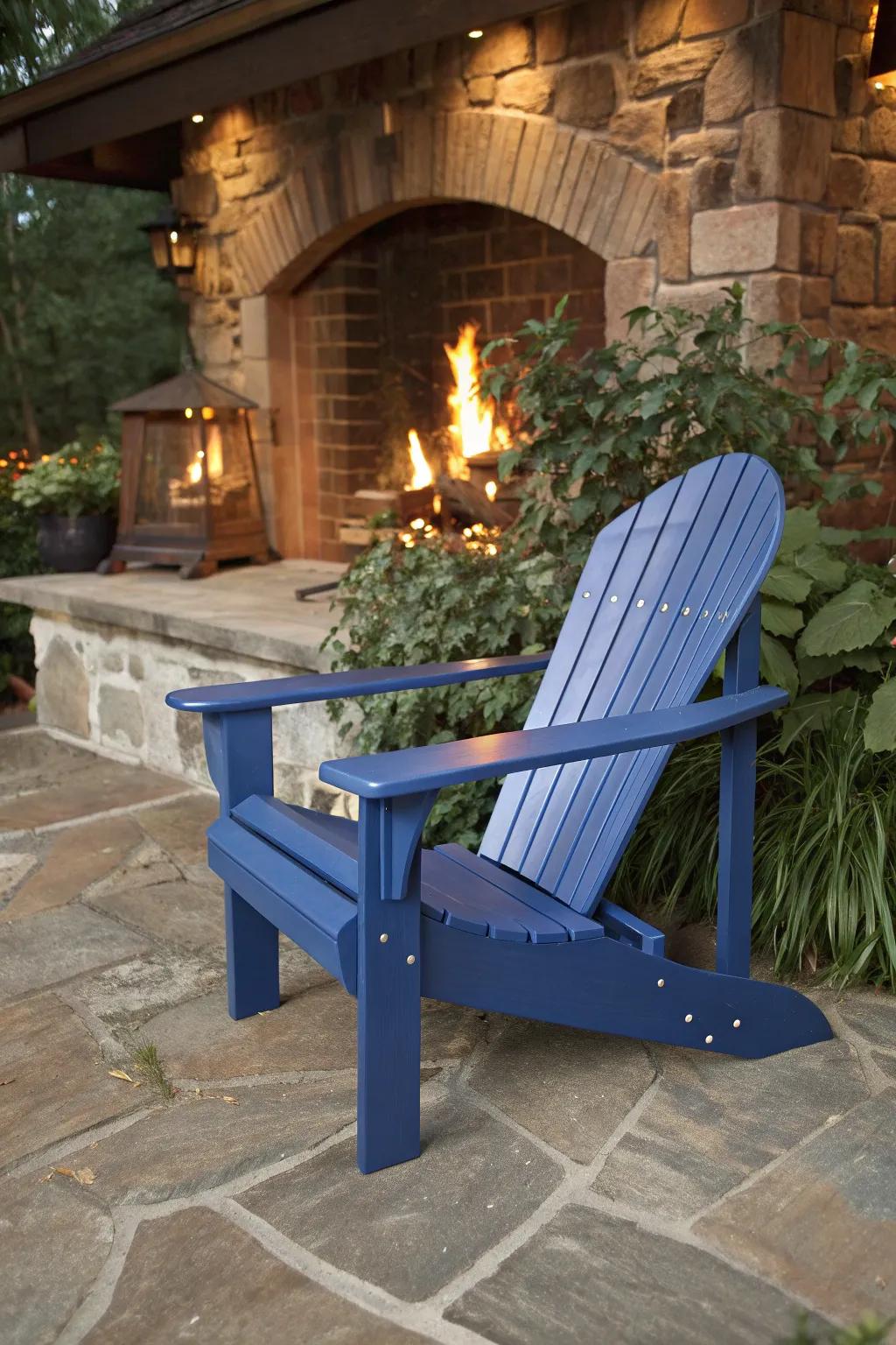 Embrace the allure of handcrafted comfort with this stunning Adirondack chair by the fire.