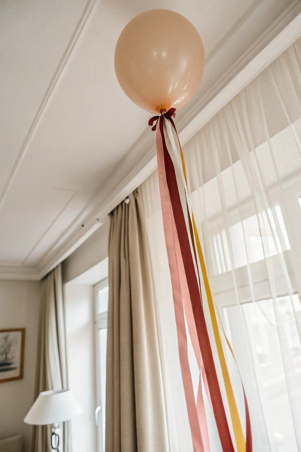 Instant hotel-room wow: a ceiling balloon with cascading ribbons for an immersive surprise.
