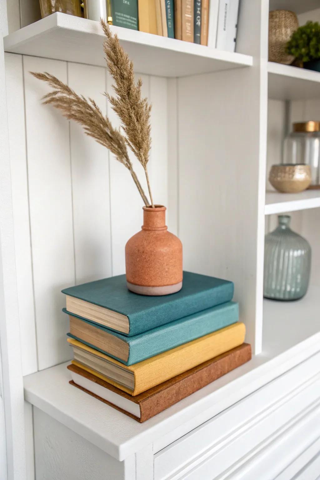 Stack books as risers—instant height and balance for built‑ins without extra clutter.