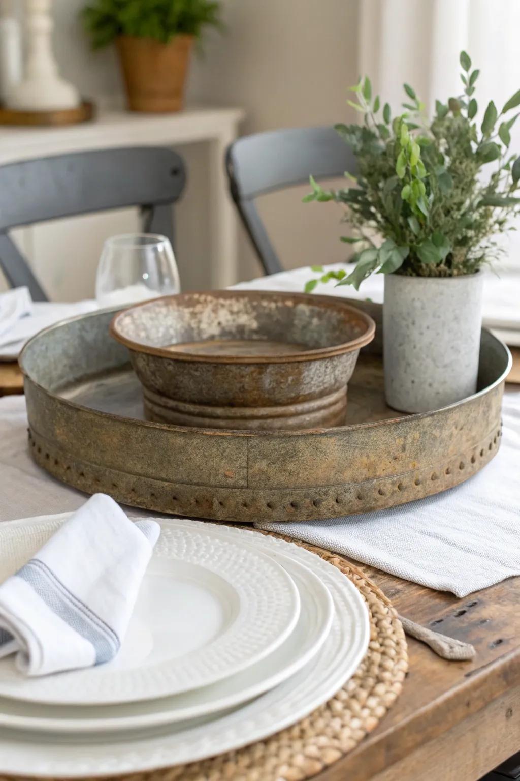 Transform your table with rustic charm: Repurpose a planter saucer into a stunning lazy Susan centerpiece.