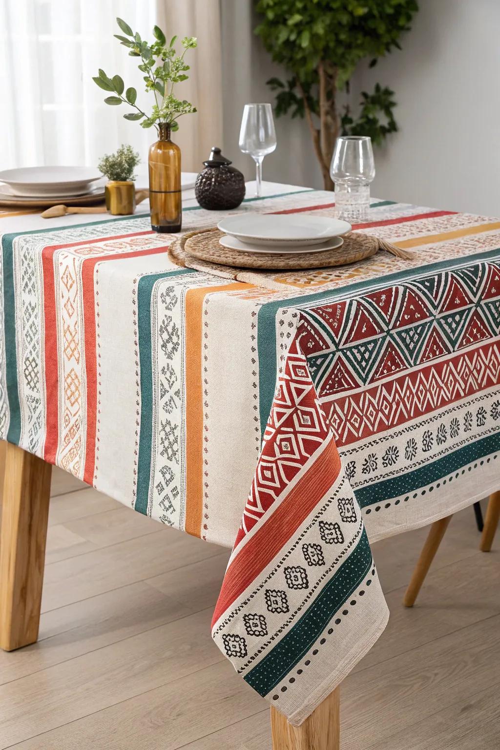 Transform your dining space with bold patterns that bring a modern twist to traditional table settings. #ModernTablecloth