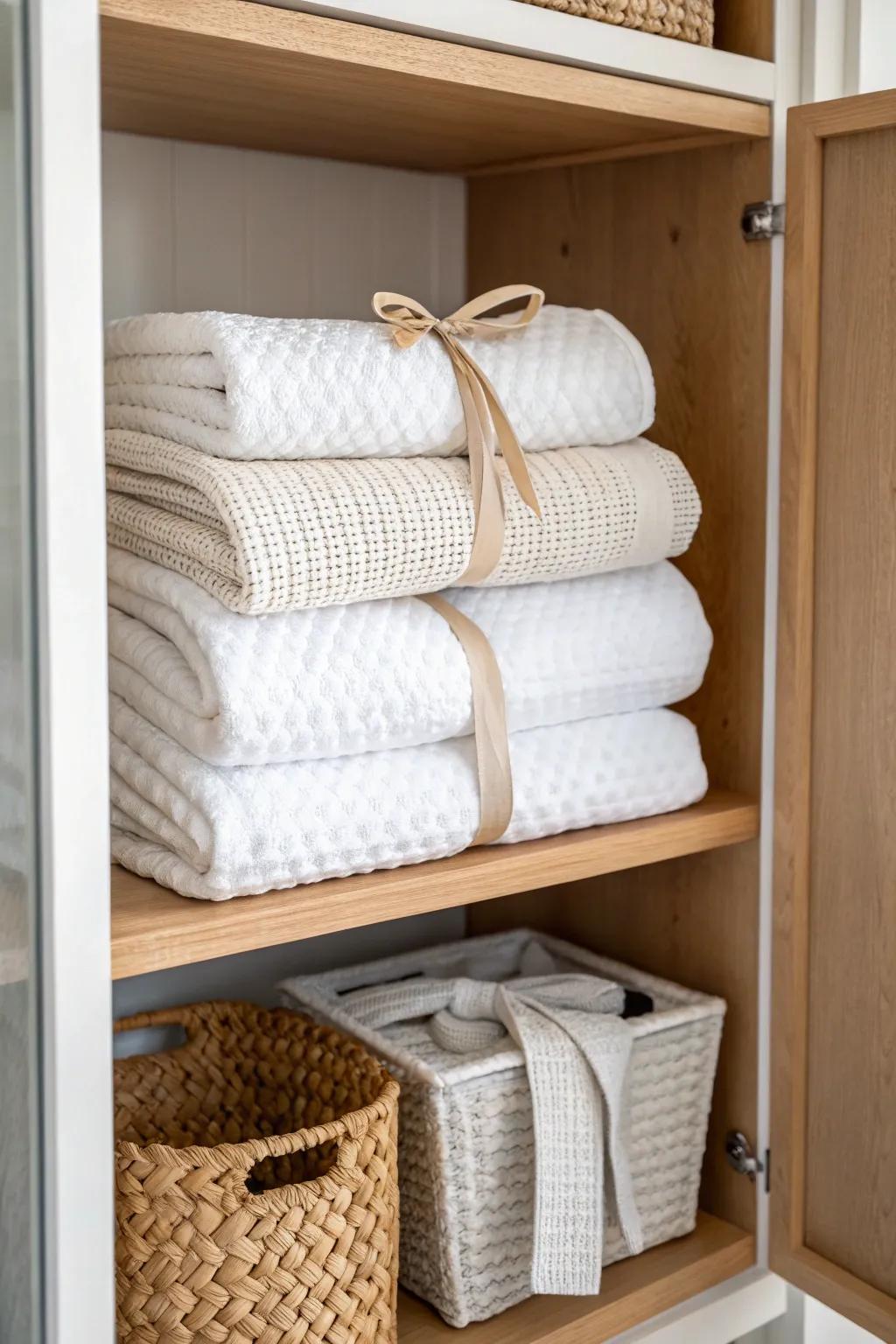 Keep your everyday towels at eye level—one tidy stack makes a small linen closet feel effortless.