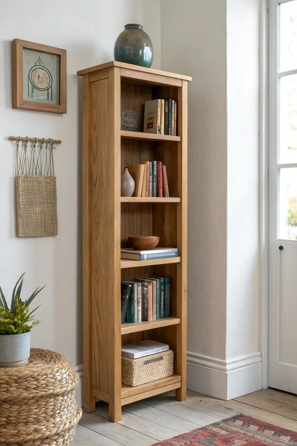 Alternate upright books with horizontal stacks to create platforms for tiny decor moments.