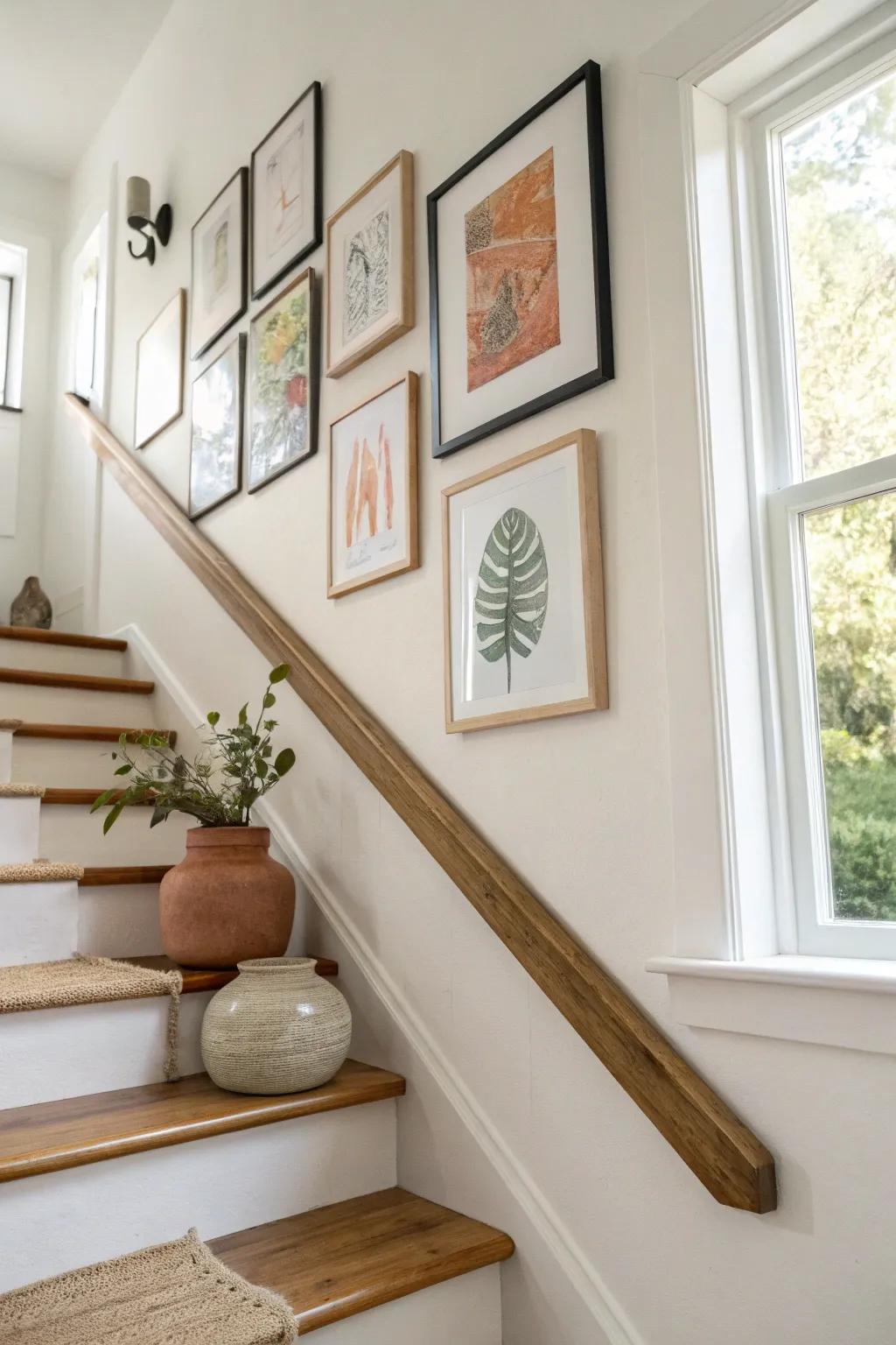 A renter-friendly picture ledge above the stairs—swap art anytime for a curated look.