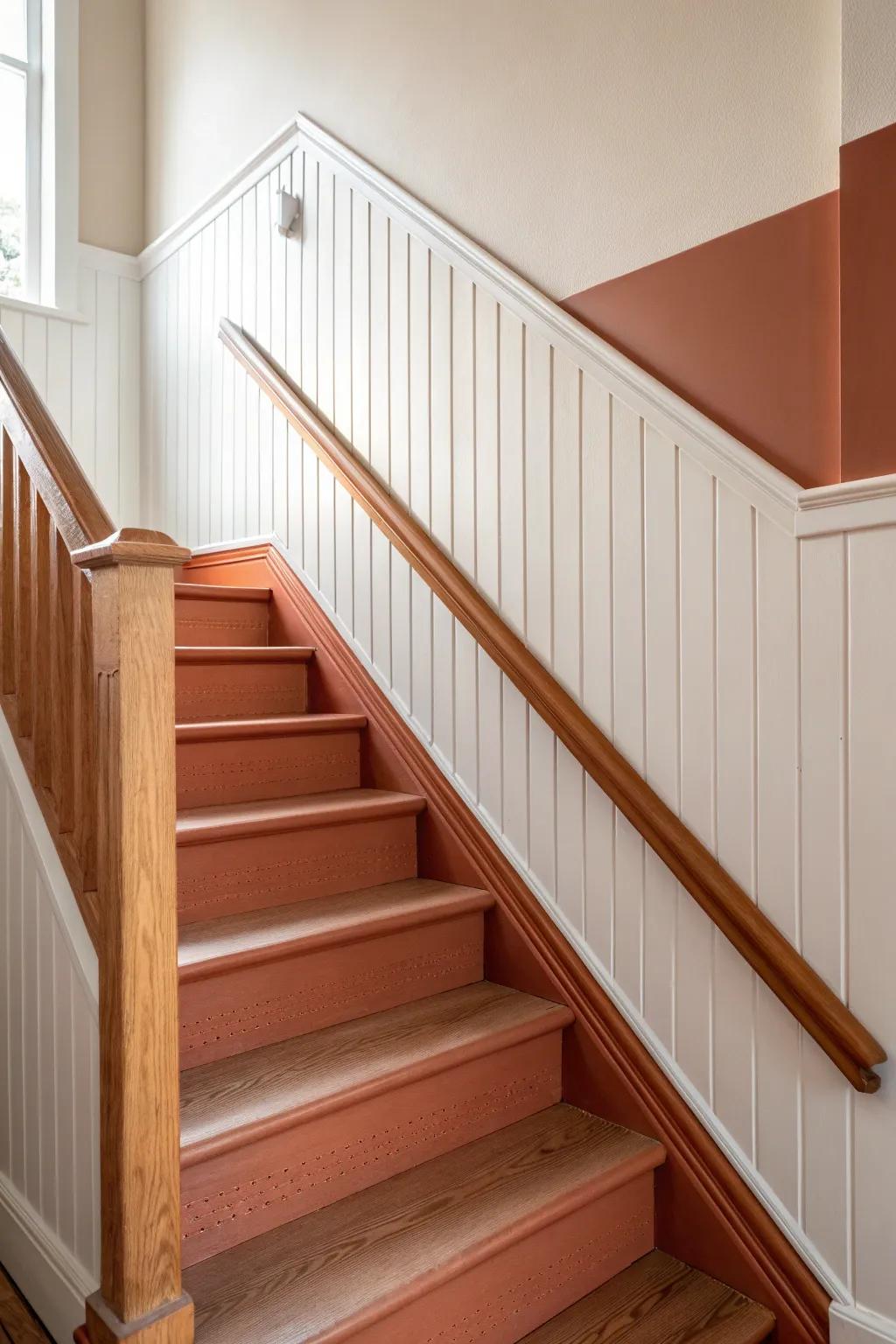 Two-tone stair wall: deep terracotta base + soft off-white top for structure and style.