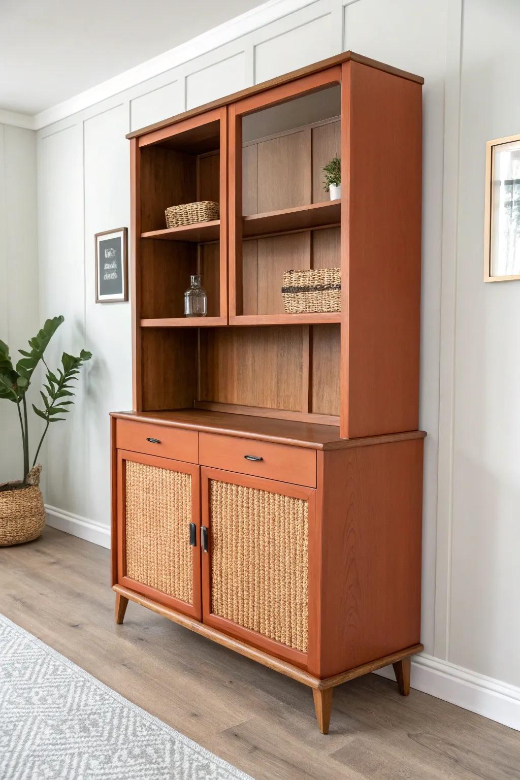 Two-tone hutch makeover: bold painted exterior + warm natural wood shelves for cozy modern charm.