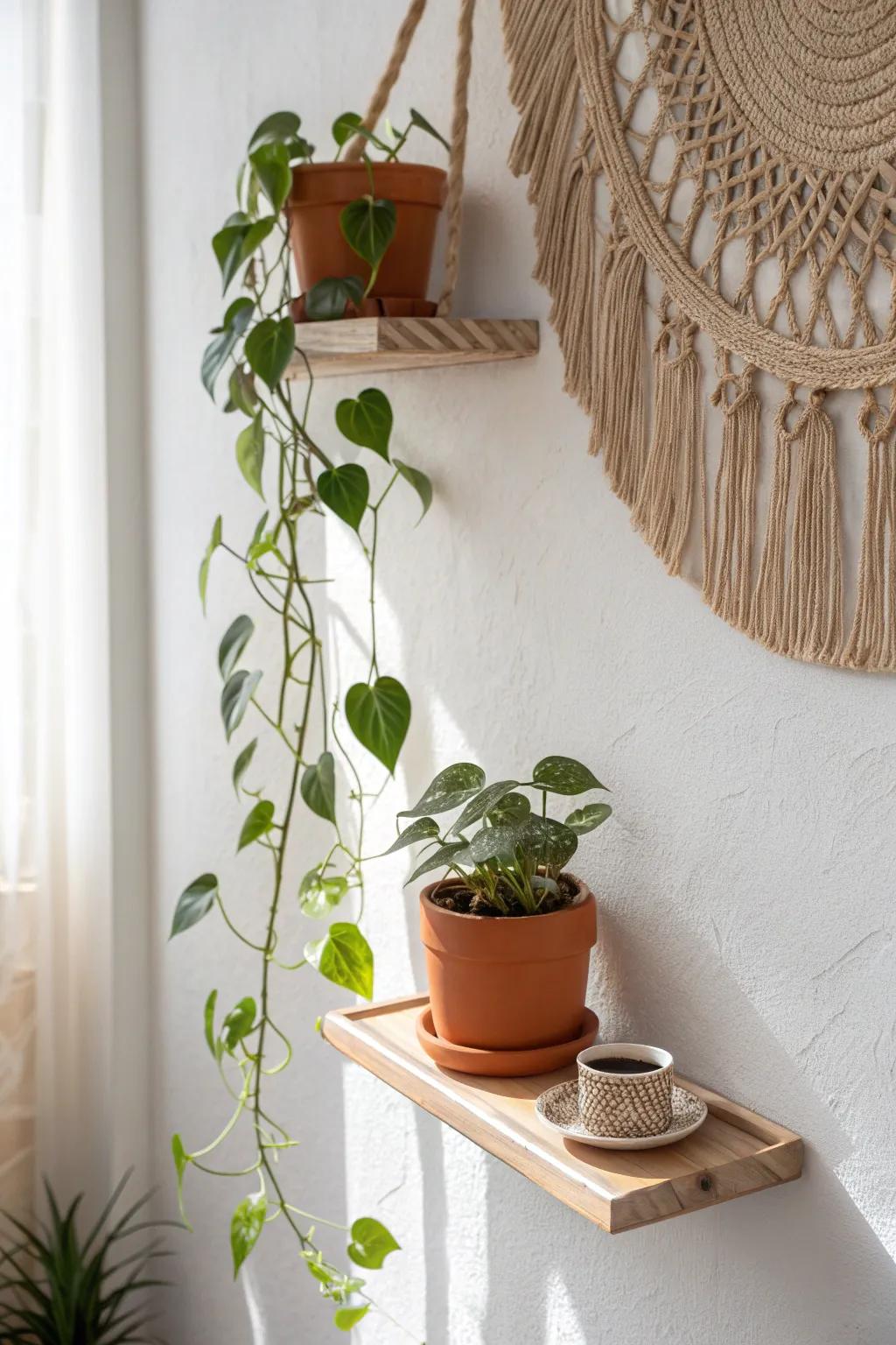 A floating shelf mini plant wall: one cascading pothos for big indoor-garden vibes.