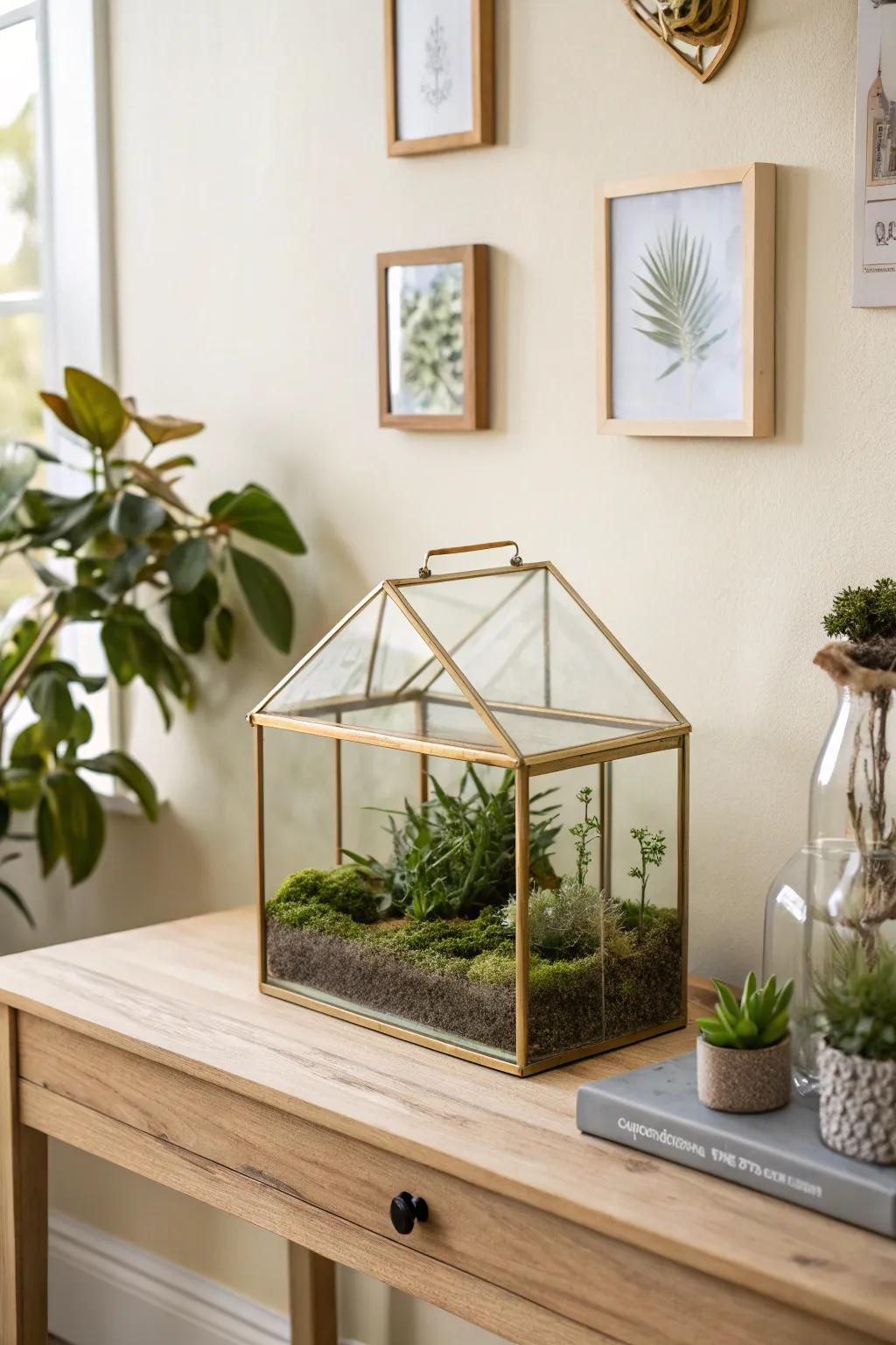 A glass house terrarium centerpiece—tiny herbs, steady moisture, calm Scandinavian vibes.