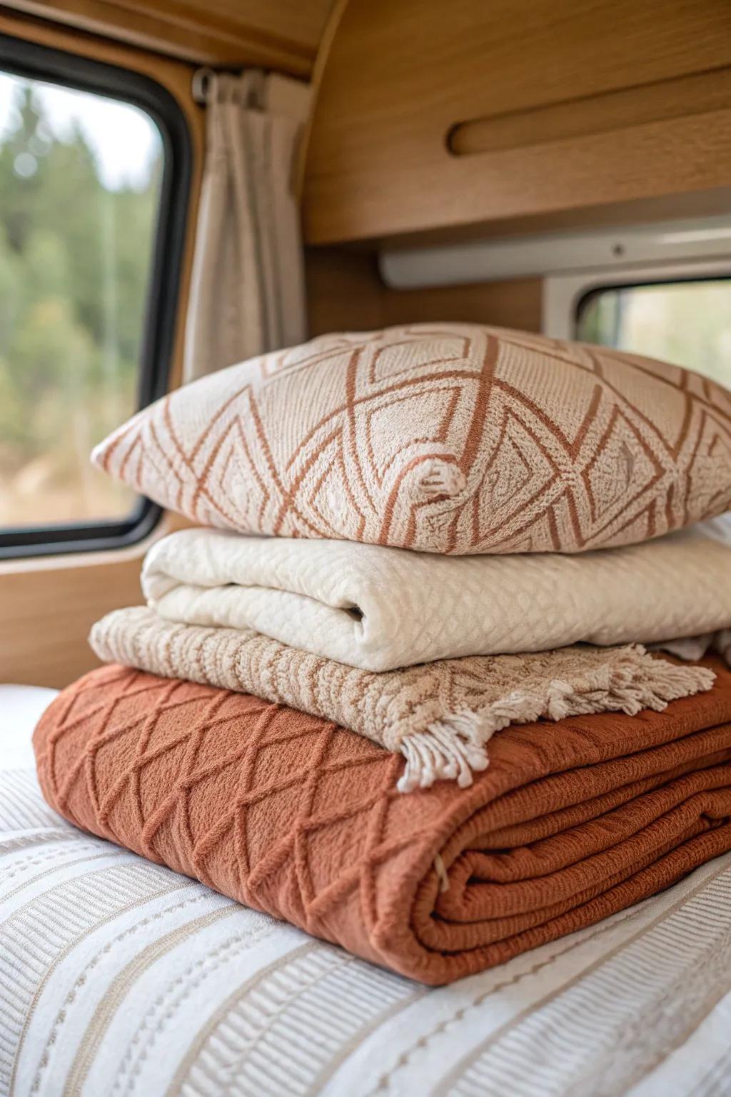 Layered throws + two pillows instantly turn a camper bed into a cozy tiny-home lounge.
